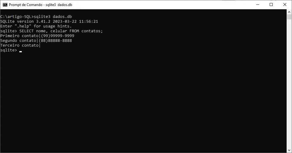 Resultado consulta SQL na tabela contatos
